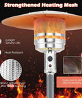 Propane Outdoor Patio Heater 50,000 BTU With Instant Heat, 360 Degree Heating Coverage for Six to Eight People, featuring strengthened heating mesh.