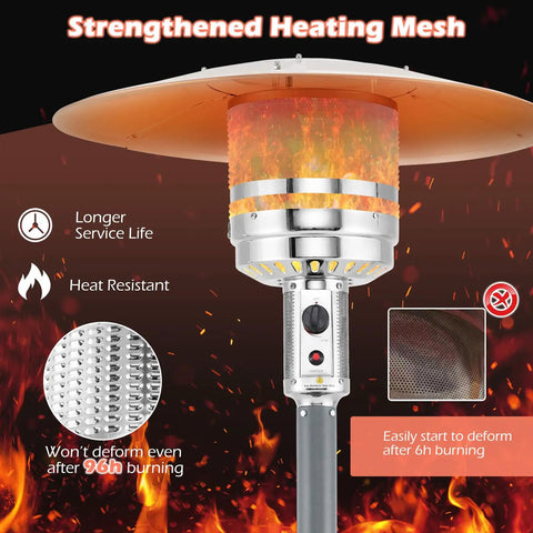 Propane Outdoor Patio Heater 50,000 BTU With Instant Heat, 360 Degree Heating Coverage for Six to Eight People, featuring strengthened heating mesh.