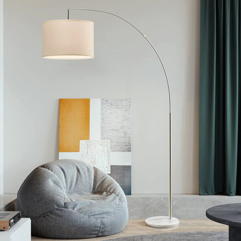 Modern Arc Floor Lamp With Brushed Steel Arch And Silver Finish Hanging Drum Shade Over Sofa For Reading In Living Room Or Bedroom Corner Standing Light To Add Cozy Glow And Contemporary Style