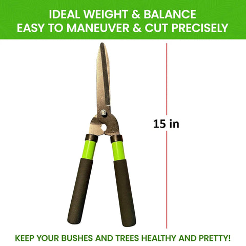 Hedge Shears You Can Trust For Clean Trimming And Shrub Shaping, 15 Inch High Carbon Steel Blades With Comfort Grip Handles