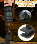 Heavy Duty Tarp Clips Kit With Adjustable Lock Grip showing clamp grip strength of 75kg demonstrated with digital scale