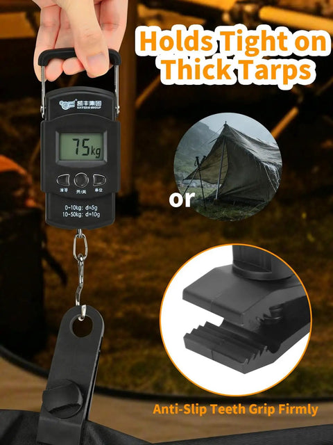 Heavy Duty Tarp Clips Kit With Adjustable Lock Grip showing clamp grip strength of 75kg demonstrated with digital scale