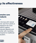 User pressing button on coffee machine showing "Eco Friendly Universal Descaler For Coffee And Espresso Machines Pack Of Two" display
