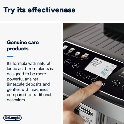 User pressing button on coffee machine showing "Eco Friendly Universal Descaler For Coffee And Espresso Machines Pack Of Two" display