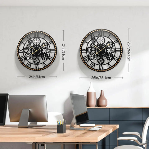 Large Farmhouse Wall Clock For Living Room Decor Visible Gear Dial Battery Operated displayed in home office with measurements.