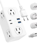 Top Shelf Universal Travel Plug Adapter With Six Ac Outlets And Four Usb Ports Including Two Usbc Fast Chargers And A Neatly Wrapped Three Foot Cord For Easy Packing And No Stress Global Travel with interchangeable plugs.