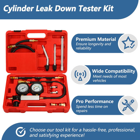 Front view of cylinder leak-down tester kit in red plastic case with dual gauges and metal adapters.