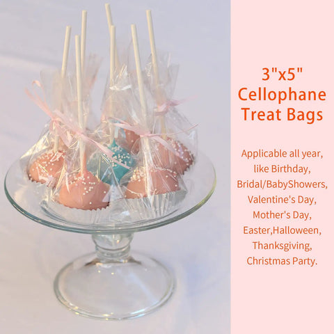 Clear 3x5 Inch Cake Pop Bags With Twist Ties, Lollipop Bags For Cookies Candies And Treats, 100 Pack, displayed on a plate