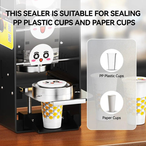 Heavy Duty Commercial Cup Sealer With Simple Dial Temp Control That Cranks Out 300 To 500 Cups An Hour And Locks Down 90 Mm And 95 Mm Paper And Pp Plastic Cups For No Stress Cafe Vibes, sealing 90 mm paper cup.