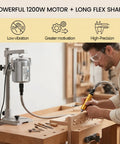 Man using Beast 1200W Flex Shaft Rotary Tool with 30000 RPM Variable Speed, 46 Piece Accessory Kit, Foot Pedal for engraving wood.