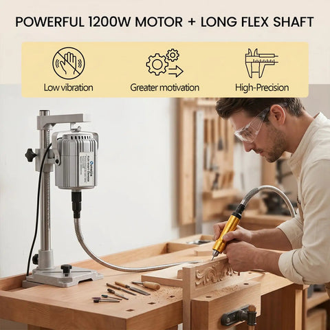 Man using Beast 1200W Flex Shaft Rotary Tool with 30000 RPM Variable Speed, 46 Piece Accessory Kit, Foot Pedal for engraving wood.