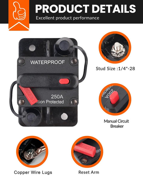 Tough As Nails 150 Amp Manual Reset Inline Circuit Breaker Waterproof DC 12V to 48V with detailed components image.