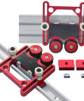 Rock Solid Bearing Roller Featherboards For Table Saw Aluminum double wheel slider with red and black rollers on guide rail.