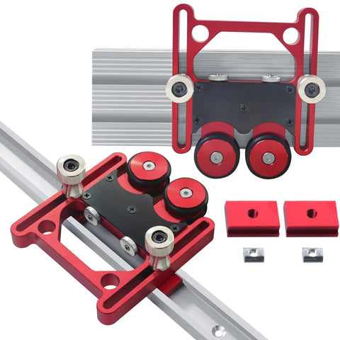Rock Solid Bearing Roller Featherboards For Table Saw Aluminum double wheel slider with red and black rollers on guide rail.