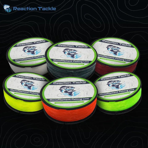 Five spools of Monofilament Fishing Line Premium Nylon Mono With Low Memory for saltwater and freshwater, various colors.