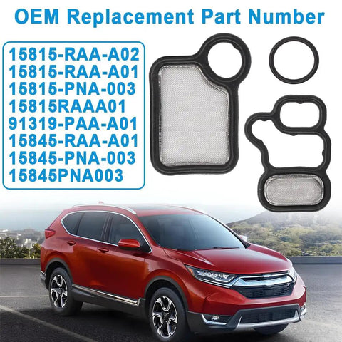 VVT VTEC Solenoid Gasket Kit Valve Cover Set Spool Valve Filter Screen for Honda Accord Civic CR V Element and Acura RDX RSX TSX 2002 2015 with CR-V car in background