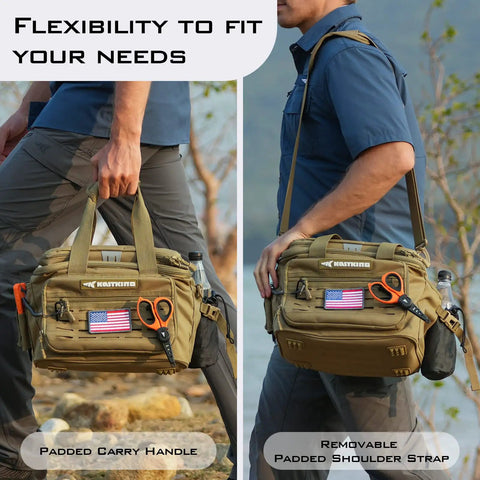 Person carrying Medium Water Resistant Tackle Bag For Saltwater Or Freshwater Fishing Gear Storage with handles and shoulder strap.