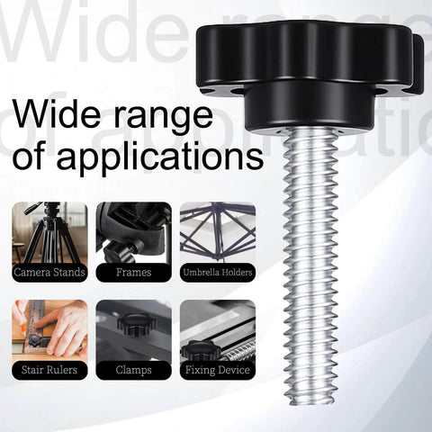 12 Pack 1/4-20 Black Star Knobs With Grippy Knurled Hand Grip, used for camera stands, frames, umbrella holders, and more.