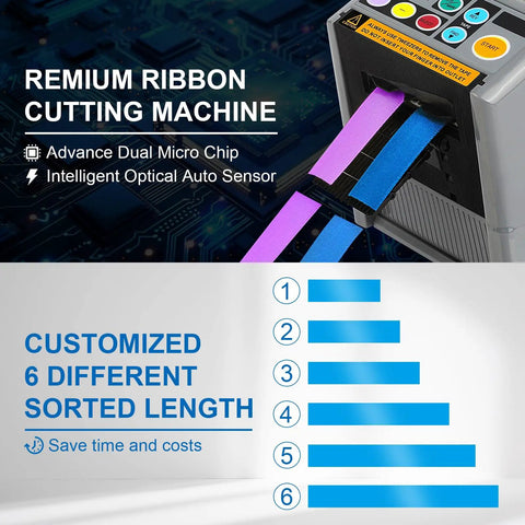 All In One Ribbon Cutter Machine With 999mm Max Cut Length, Hands Free Auto Feed And Manual Control, displaying ribbons