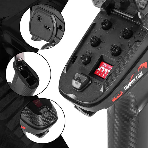 Close-up of 2.4GHz Transmitter With 6CH Receiver For 1/24 And 1/18 RC Crawlers, showing dials and USB port, FHSS 67 channel