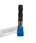 HFS roughing end mill, square 4-flute, M42 cobalt TiAlN for steel, 1/2 in dia, blue plastic holder side view