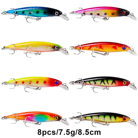 Beast 43Pc Fishing Lures Set 8 colorful crankbaits with hooks, topwater floating, realistic 3D eyes, 7.5g 8.5cm each