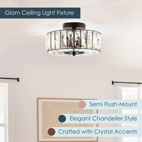 Glam Ceiling Light Fixture Semi Flush Mount in Oil Rubbed Bronze with Crystal Accents for living room hallway and entryway