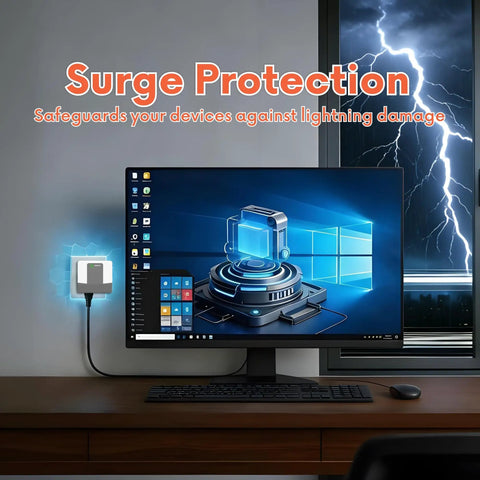 Two Outlet Wall Tap Surge Protector With Ground Protection Indicator Lights installed near desktop computer for safety against lightning.