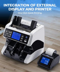 Bank-Grade Money Counter With External Display And All-In-One Thermal Printer placed on a wooden table.