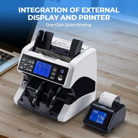 Bank-Grade Money Counter With External Display And All-In-One Thermal Printer placed on a wooden table.