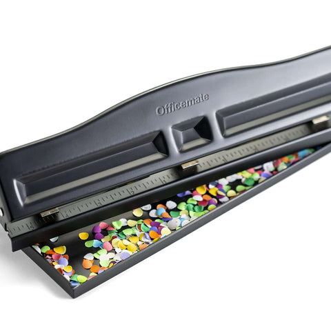 Adjustable Three Hole Punch For Office Documents With 11 Sheet Capacity Black Metal Punch Tool showing colorful paper holes