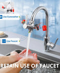 Faucet Mounted Eye Wash Station With Cover For Lab Factory Industry Site Office And Home Emergency Eye Wash Kit Includes 5 Faucet Adapters Note Card And Warning Post installed on a sink.