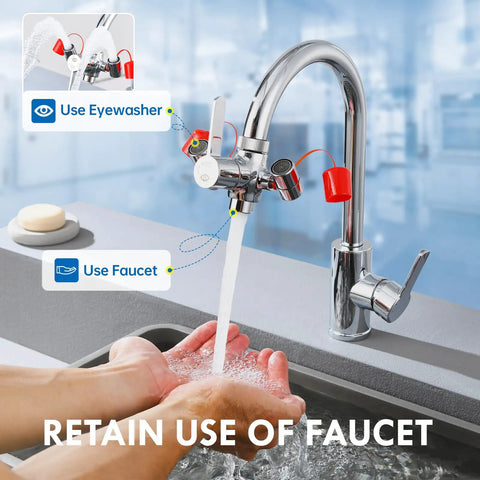 Faucet Mounted Eye Wash Station With Cover For Lab Factory Industry Site Office And Home Emergency Eye Wash Kit Includes 5 Faucet Adapters Note Card And Warning Post installed on a sink.