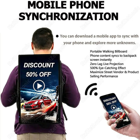 21.5 Inch Walking Backpack Digital Billboard Featuring 1080p Full Hd Ips Screen And 400 Nits Brightness For Indoor Signs That Are Straight Up Game Changers, displaying a discount on the user's back.