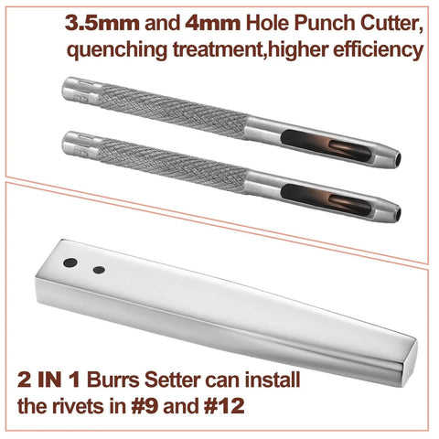 DIY Leather Rivet Kit With 100 Sets Copper Rivets And Burrs For Leather Brass Fastener Install Tool With Hole Punch Cutter