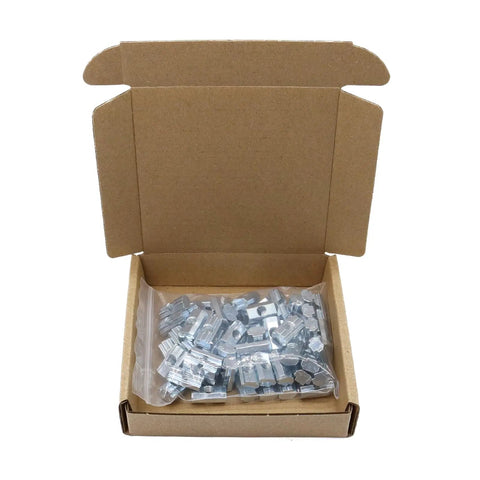 100 Piece M6 T Slot Slide Nuts For Aluminum Extrusion Framing Pro Grade Galvanized Steel Fasteners in a box.