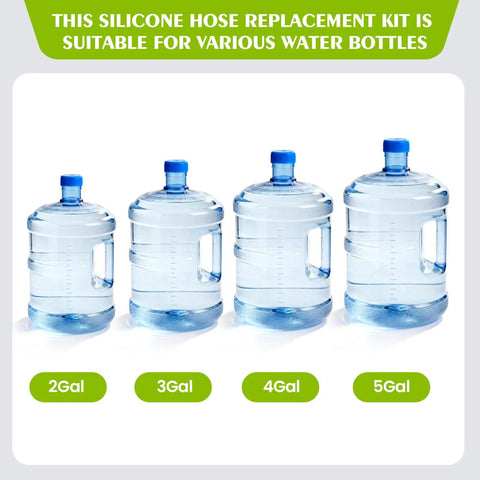 Silicone Water Dispenser Hose For 5 Gallon Bottles With 304 Stainless Steel shown with various sized water bottles
