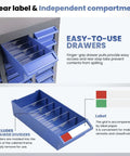 Close-up of blue drawer from 40 Drawer Nut And Bolt Organizer Cabinet With Alloy Steel And ABS Construction, showcasing dividers and labels.