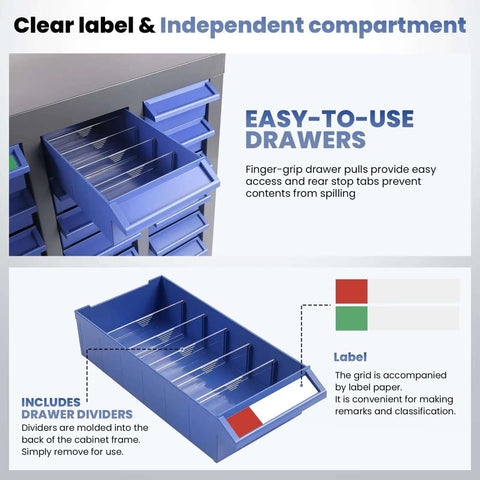 Close-up of blue drawer from 40 Drawer Nut And Bolt Organizer Cabinet With Alloy Steel And ABS Construction, showcasing dividers and labels.