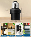 Smart Dusk To Dawn Light Sensor Socket 4 Pack shown with dimensions and compatibility options for various lamps.