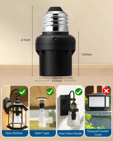 Smart Dusk To Dawn Light Sensor Socket 4 Pack shown with dimensions and compatibility options for various lamps.