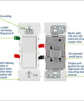 Lever Edge 15 Amp 3 Way Rocker Switch White With Fast Wire In Push In Terminals Color Coded Lever Connections Works With 12 And 14 AWG Copper Wire Easy Secure Connection For Home Electrical Wiring front and back views