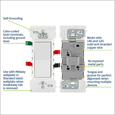 Lever Edge 15 Amp 3 Way Rocker Switch White With Fast Wire In Push In Terminals Color Coded Lever Connections Works With 12 And 14 AWG Copper Wire Easy Secure Connection For Home Electrical Wiring front and back views
