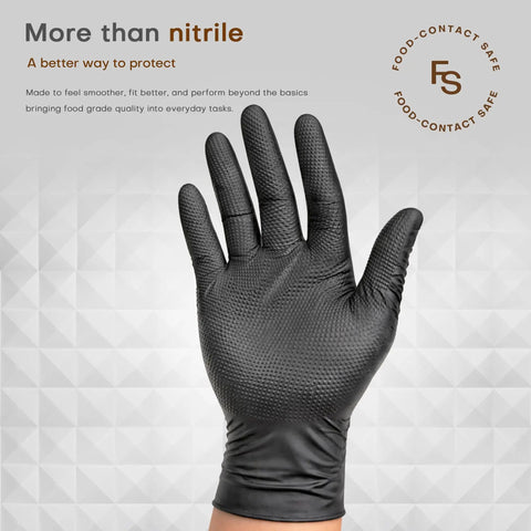 Heavy Duty 8 Mil Nitrile Gloves Featuring A Rock Solid Diamond Grip Pattern Chemical Resistant And Powder Latex Free Construction Ideal For Kitchen Tasks Or Shop Work Tough As Nails Black Set Of 50 Large, hand wearing glove.