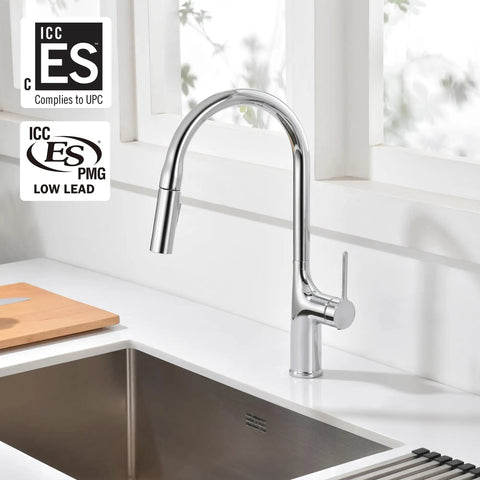 SUMERAIN Kitchen Faucet with Pull Down Sprayer Dual Mode Brushed Gold in modern kitchen setting with stainless steel sink.