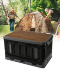 Huge Capacity Folding Storage Bin Built Like A Tank Stackable Wooden Lid Camping Crate with seated top in outdoor setting.