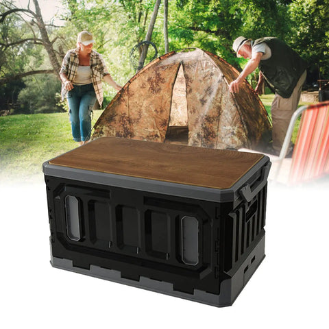 Huge Capacity Folding Storage Bin Built Like A Tank Stackable Wooden Lid Camping Crate with seated top in outdoor setting.