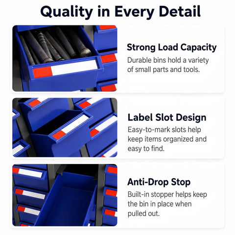 Heavy Duty Tool Storage Cabinet With Drawers And Lockable Lower Compartment Enclosed Upper Zone To Keep Small Parts Dust Free Thick Steel Construction Rugged Garage Workshop Organizer For Tools Hardware And Accessories, blue bins with label slots