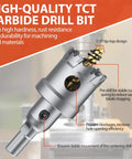 Close-up of Heavy Duty Tungsten Carbide Hole Saw Drill Bit Set with titanium coating and labeled design features for hard metal.