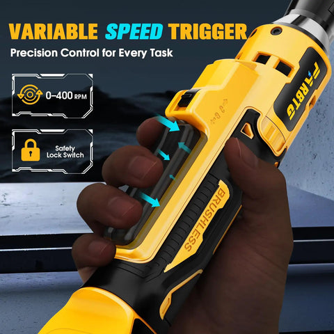 Hand holding a Half Inch Cordless Ratchet Wrench With a Beast Brushless Motor, 100 Nm High Torque, 0-400 RPM Variable Speed, LED display.